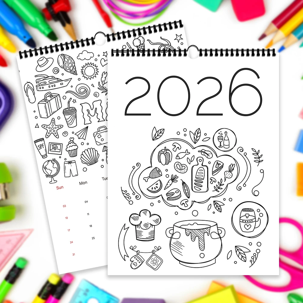 

1 шт. настенный календарь на 2026 год, календарь-раскраска своими руками, линия искусства, 12 красивых дизайнов, ежемесячные планы, идеальный подарок на день рождения, Рождество