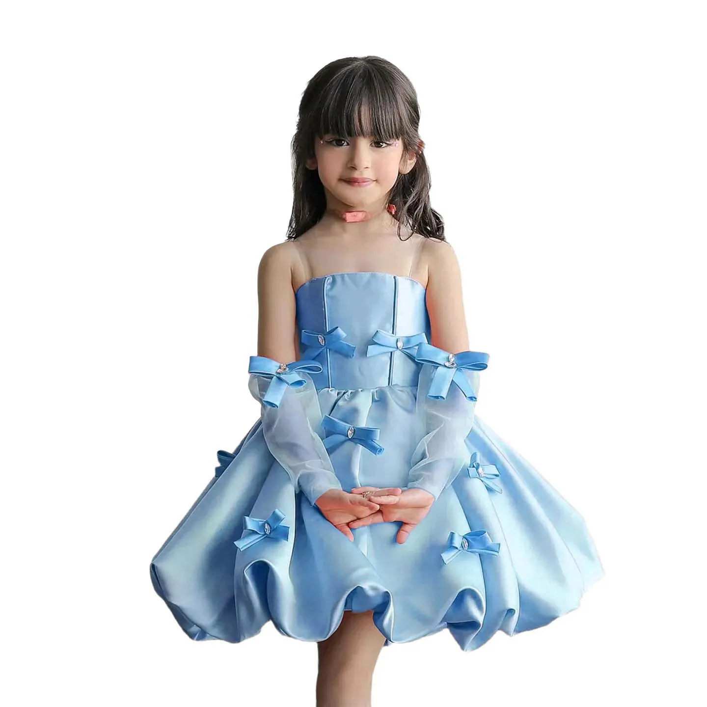 

Girls Princess Dress Short Beaded Bow Flower Girl Dresses for Wedding Toddlers Customized Ruffled Satin Pageant Birthday Gown