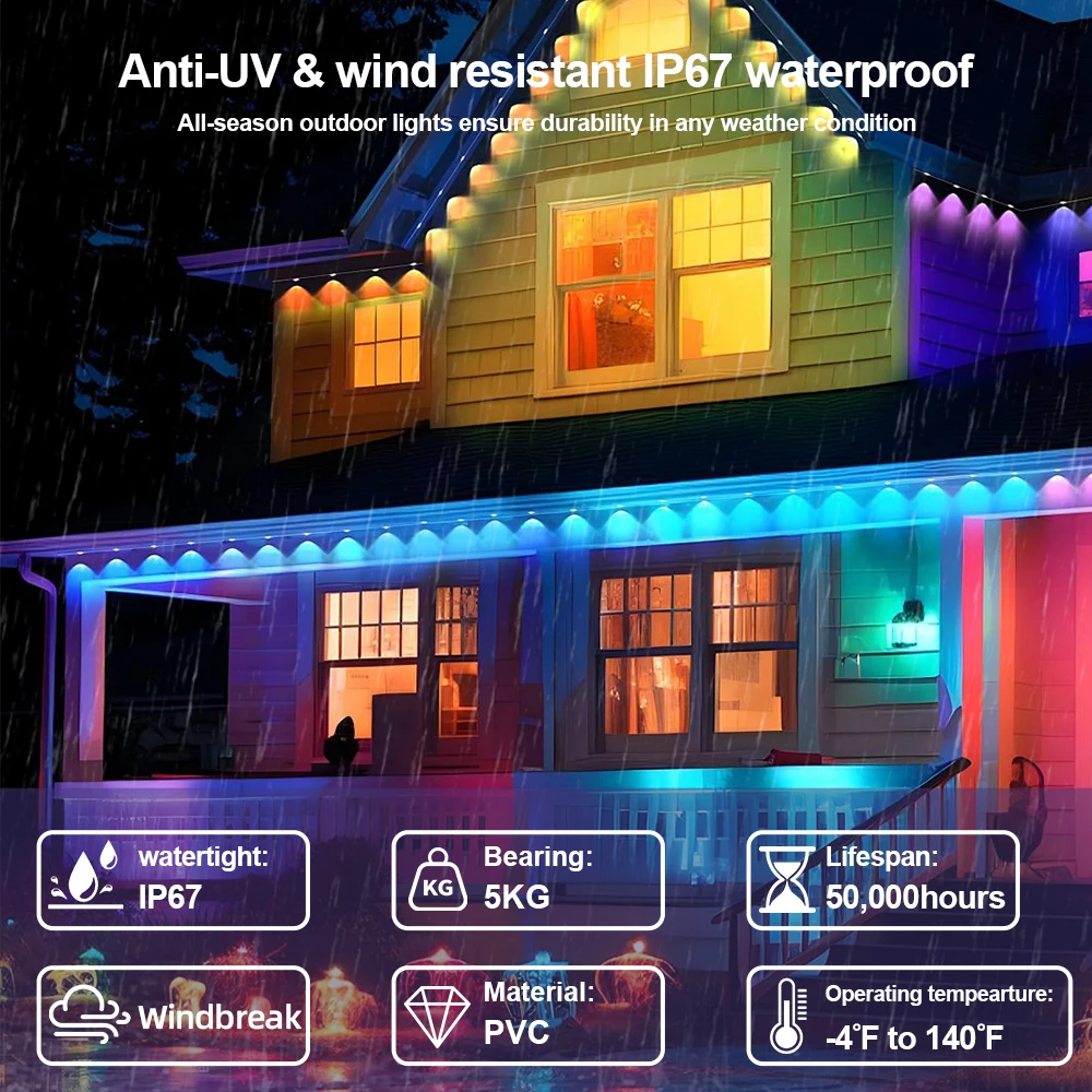 RGB Smart Eaves Light Waterproof Permanent Outdoor Light IP67 Colorful DIY Scene Eave Wall String Lights with APP Remote Control