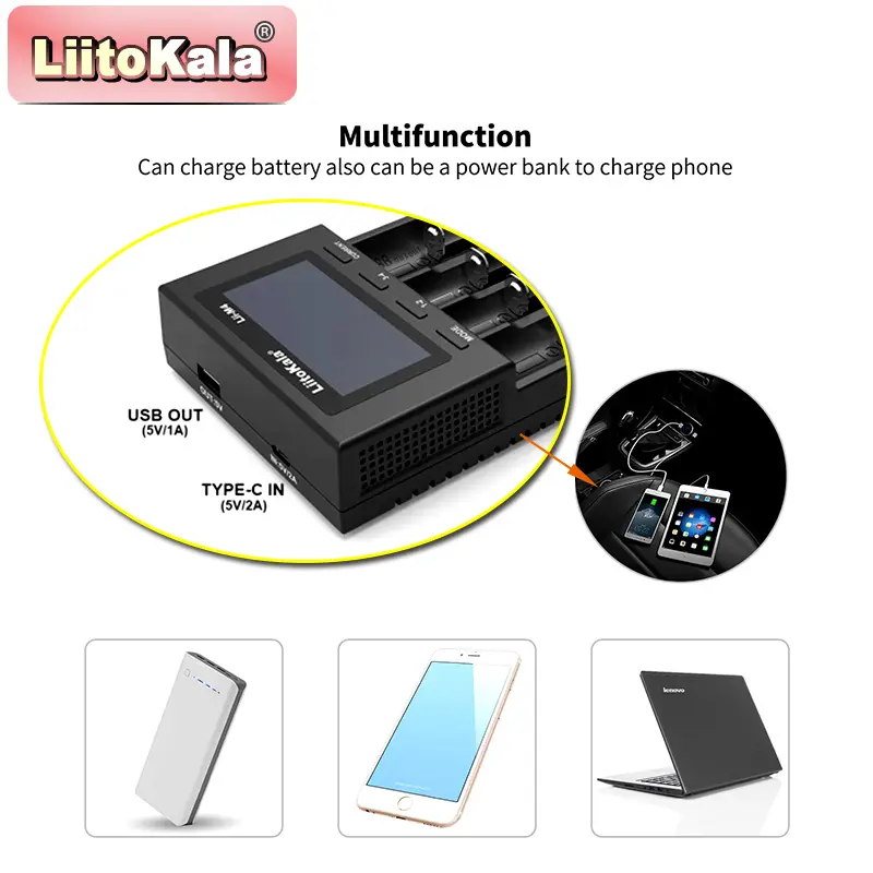 شاحن LiitoKala Lii-M4 18650 بشاشة LCD - شاحن ذكي عالمي لاختبار سعة بطاريات 26650 18650 21700 AA AAA 4 فتحات 5V 2A - 4