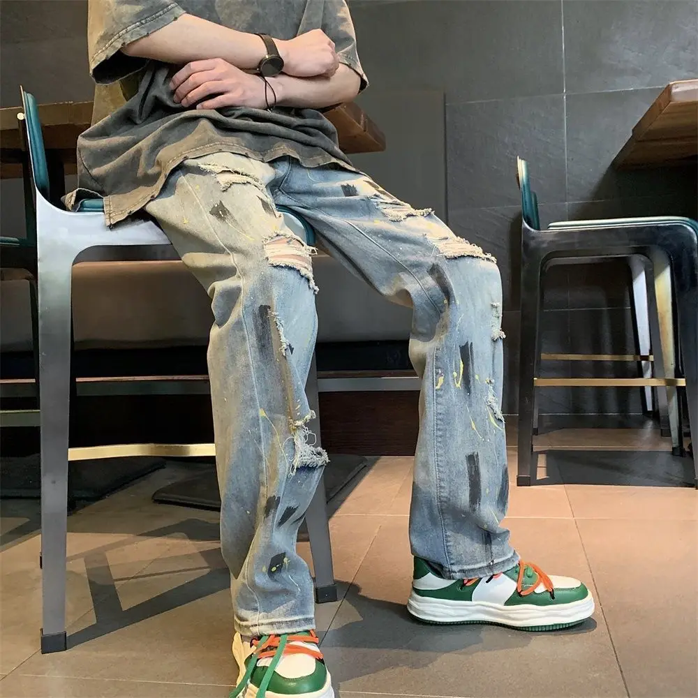 High Street Men's Speckled Graffiti Jeans with Broken Holes, European and American Hiphop Pants, Straight Leg Pants