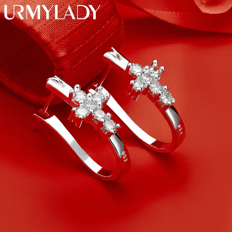 

URMYLADY 925 Sterling Silver Elegant Cross Zircon Clip Earrings For Women Luxury Wedding Engagements Party Fashion Charm Jewelry