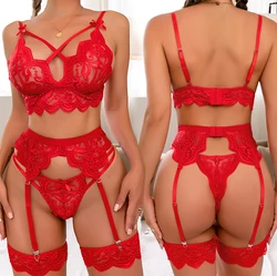 Women's Sexy lace Lingerie Set Teddy Lace Erotic Bikini 3pcs Bra And Panty Garters sets See Through Babydoll Lingerie For Women