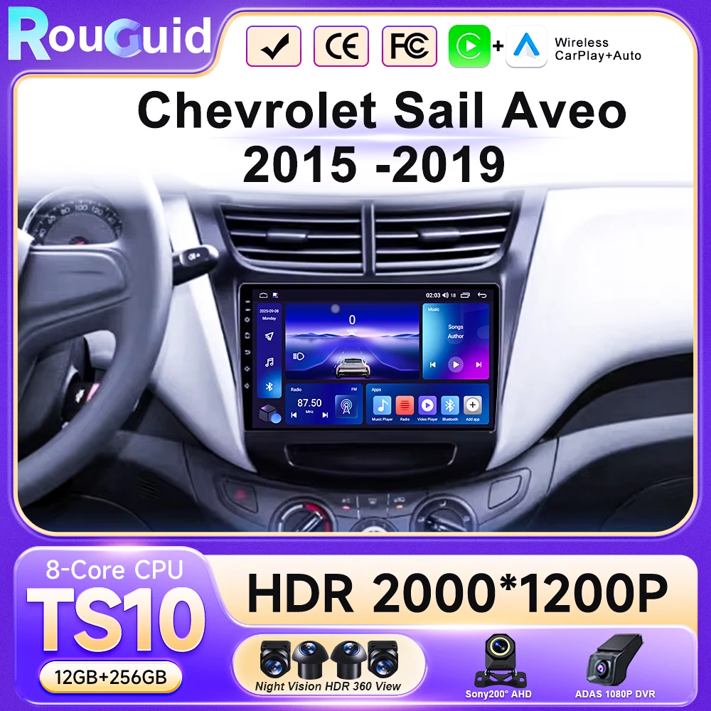 Android Carplay para Chevrolet Sail Aveo 2015-2019, Rádio Automotivo Estéreo Multimídia com GPS, Navegação 4G, Carplay, sem DVD 2DIN.