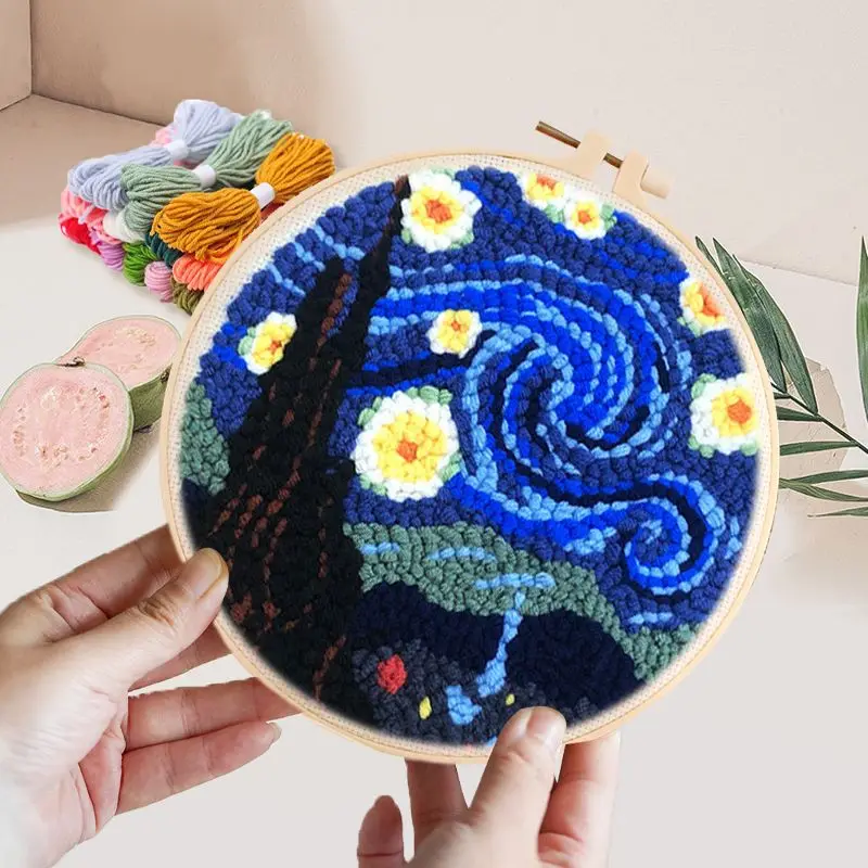 

Van Gogh's Starry Sky Pattern Punch Needle Embroidery Kit for Beginners Easy Embroidery Needlework Wool Home Decor