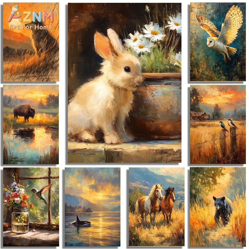 AZNM Unframed Canvas Print Vintage Oil Painting Wild Animal Wall Art Sunset Nature Landscape Home Decor Poster