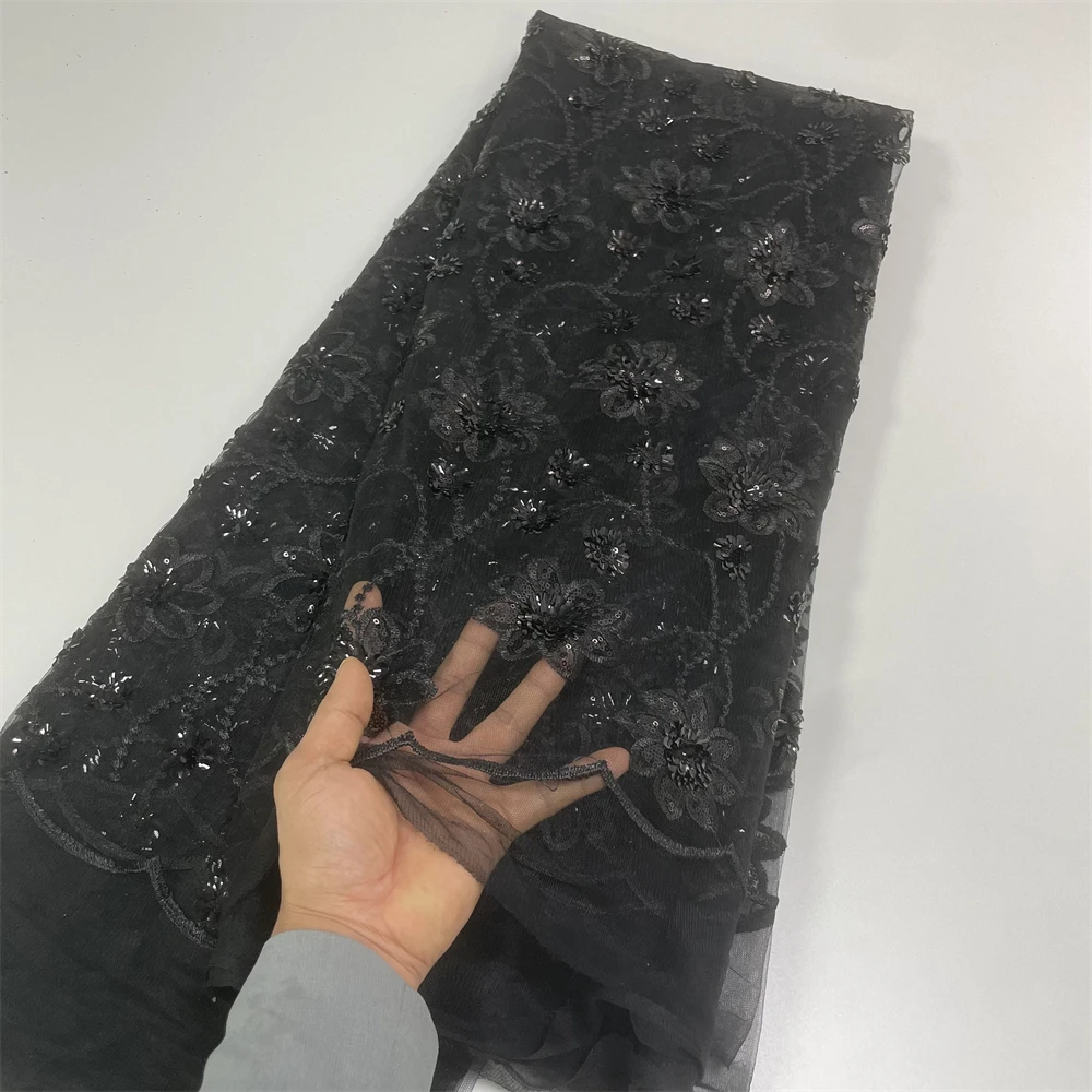 African High Quality Lace Fabric 2024 Gray French Net Sequins Fabric Sewing Embroidered Lace in Tulle Nigeria Fabric 5 Yards