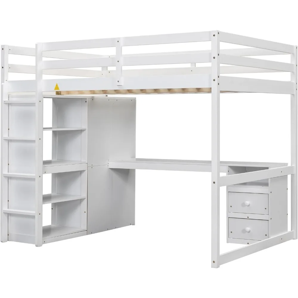 Full Size Loft Bed with Wardrobe and Desk, Wood Loft Bed Frame with Storage Shelves and Drawers for Adults Teens and Kids, Beds