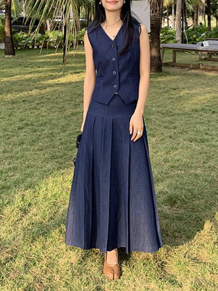 

Spring Fold Bust Skirt Suit Women Sleeveless V-neck Single-breasted Vest+high Waist Big Swing Skirt Autumn Female Two Piece Set