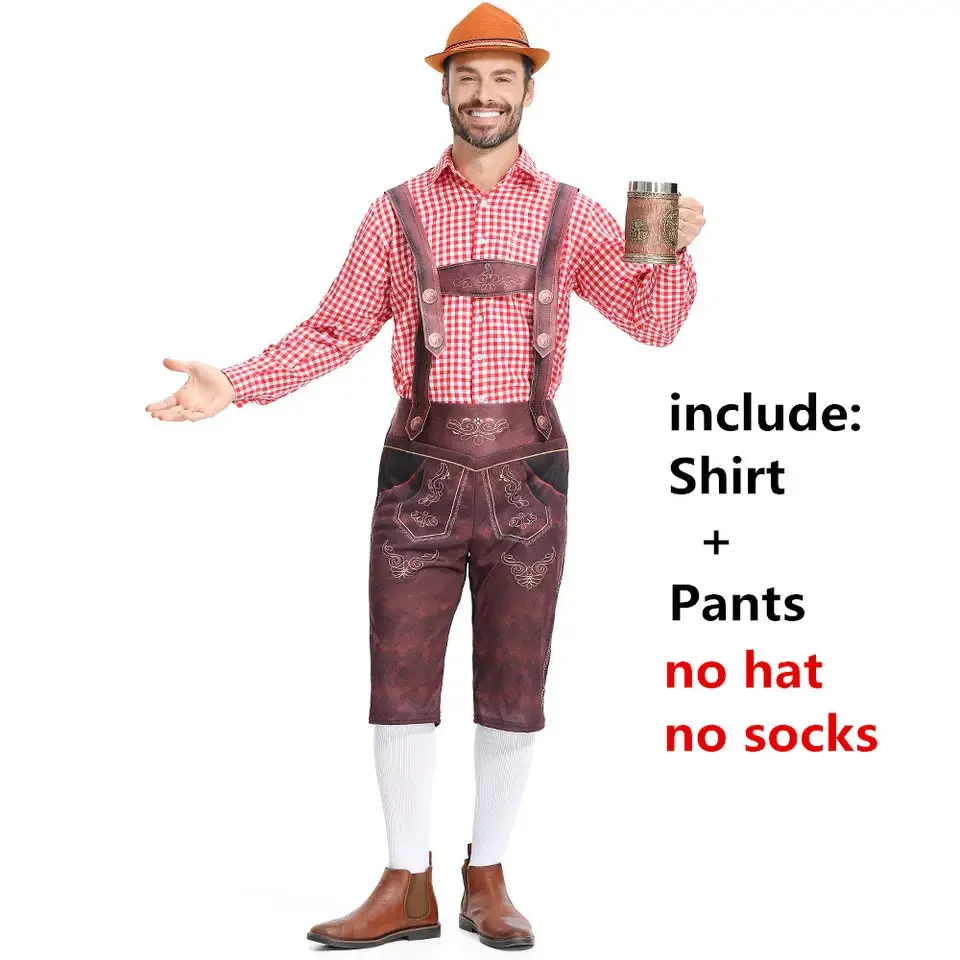 زي مهرجان أكتوبر التقليدي العتيق للرجال قميص منقوش باللون الأسود والأحمر من Lederhosen قميص منقوش لمهرجان البيرة الألمانية وحفلات الكرنفال