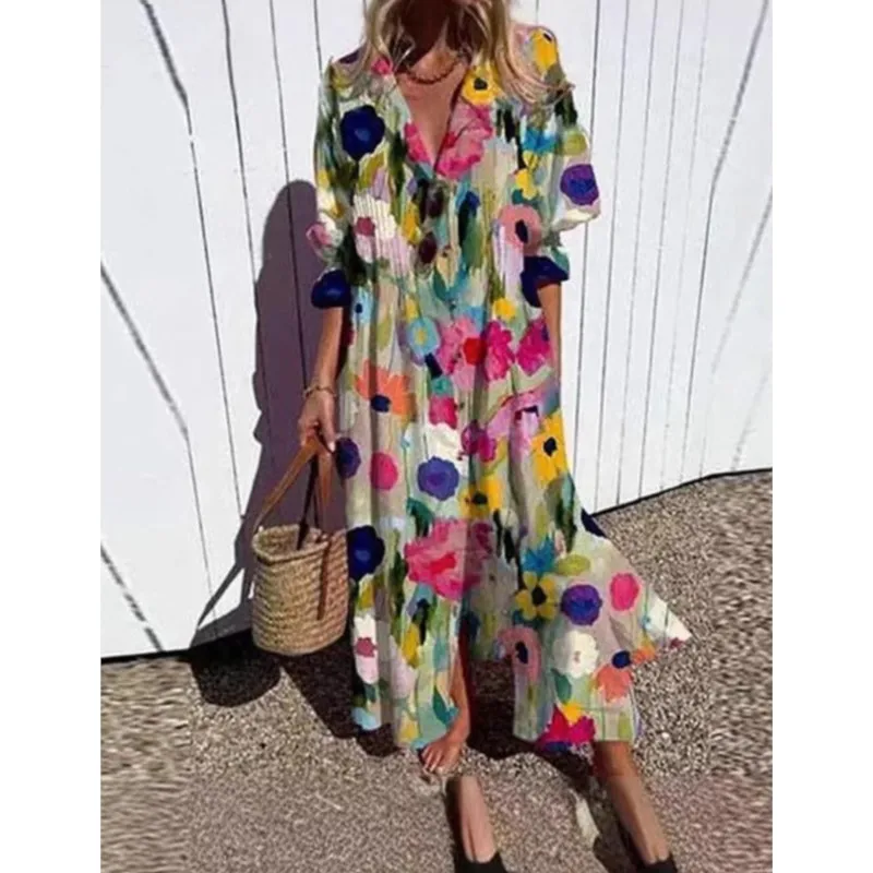 New Women's V-neck Single Breasted Shirt Dresses Casual Loose Bohemian Long Dress Retro Pattern Printed Loose Vacation Vestidos