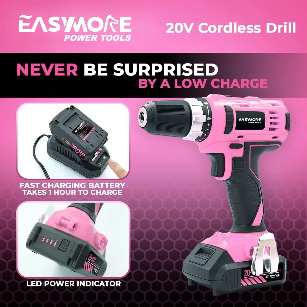 wireless power hand pink drill 20v cordless lithium electric drill set with battery and charger