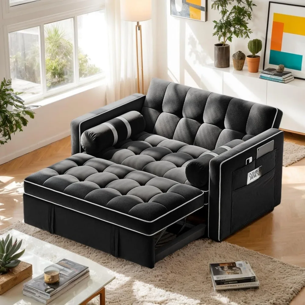 Sofá cama convertible 3 en 1, sofá extraíble para sala de estar con puertos USB y bolsillos laterales, respaldo ajustable, terciopelo, Lov
