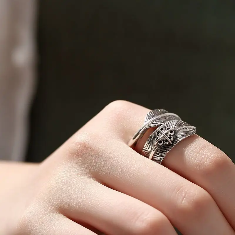 1 قطعة الرجال والنساء خمر ريشة الصليب الدائري شخصية ورقة العتيقة الفضة مفتوحة قابل للتعديل البنصر مجوهرات الأزياء