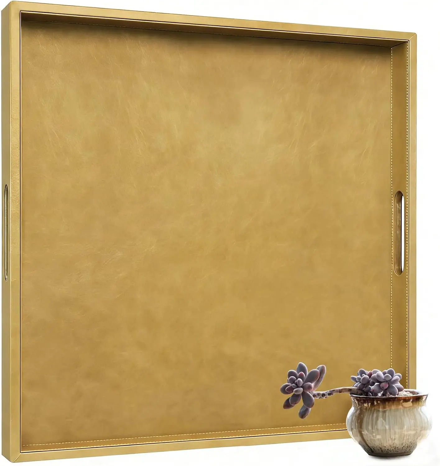 

30 x 30 inches Leather Ottoman Serving Tray with Hole Handles, Square Extra Large Modern Service Tray for Living Room, Coffee Ta