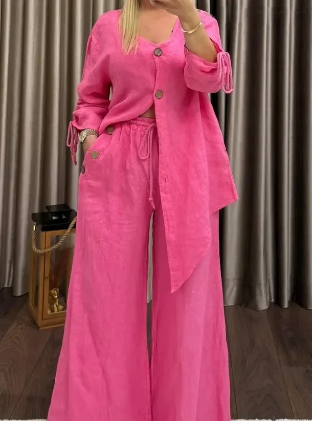 Conjunto informal de dos piezas de lino y algodón para mujer, camisa holgada de manga larga con cuello en V y una hilera de botones, pantalones de pierna ancha de cintura alta
