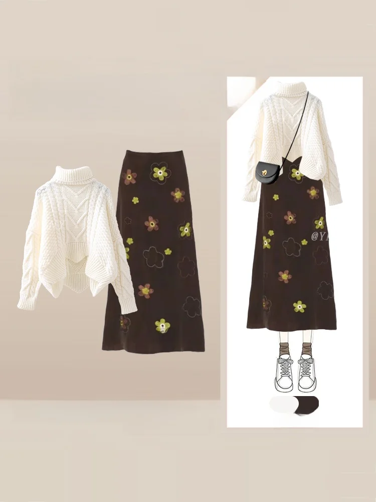 

Elegant Winter Knitted Sweater And Printed Skirt Set High Collar Warm Cozy Two Piece Women's Fashion Ensemble