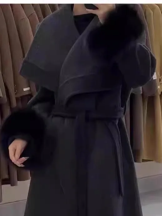 

High-End Fur Sve Double-Faced Camere Coat Women Long Over-Knee Fur Collar Waist-Cinching Woolen Outerwear