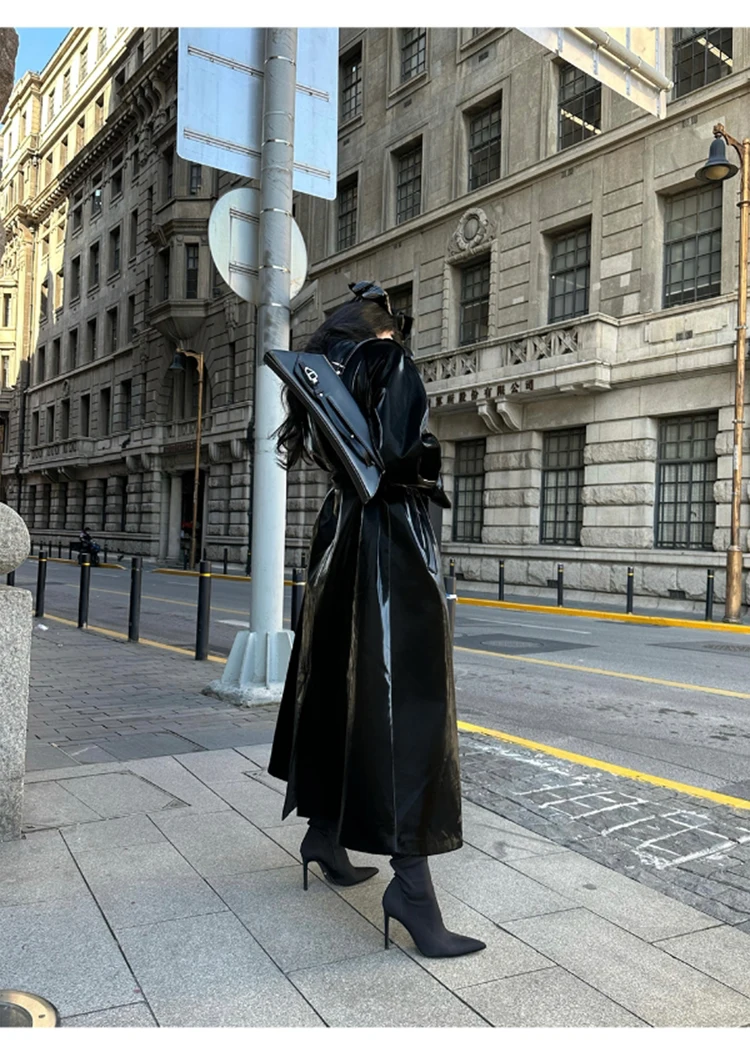Lautaro Spring Autumn Extra Long Oversized Cool Reflective Shiny Black Patent Leather Trench Coat for Women Belt Runway Fashion