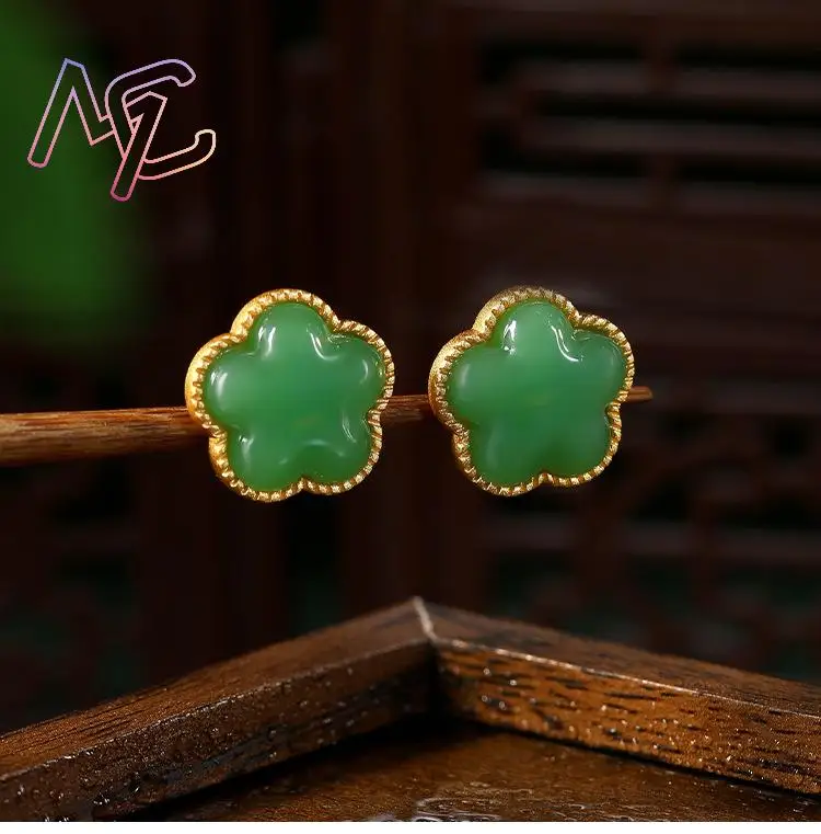 Green Natural Jade Clover Earrings Gifts for Women Talismans Vintage Ear Stud Lucky Stone Charm Amulet Luxury - view 5