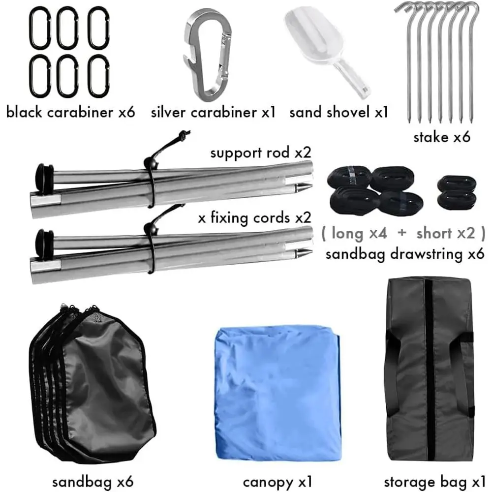 خيمة شاطئ محمولة مقاومة للرياح مقاس 10 × 10 أقدام مع حماية من أشعة الشمس 50+ و6 مراسي رمل للعائلات
