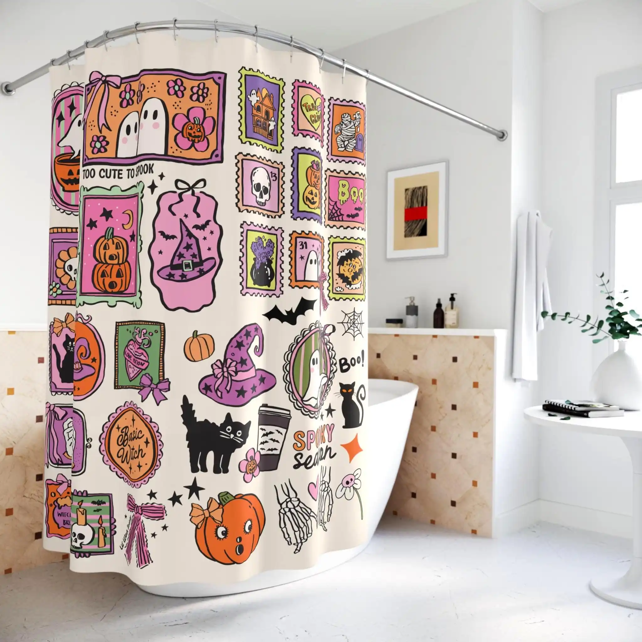 Spooky Cute Halloween Shower Curtain Fun Witch Ghost Pumpkin Theme Bathroom Decor Novelty