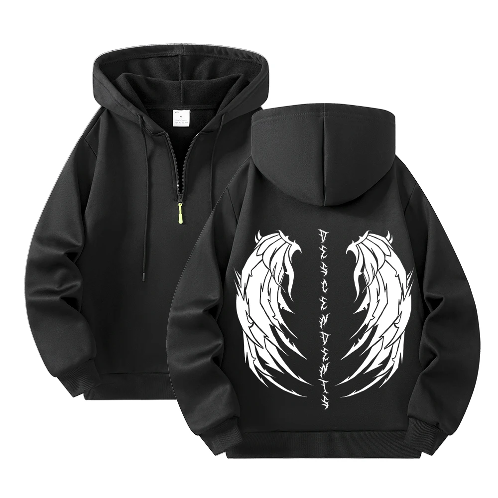 

Мужская толстовка с капюшоном на молнии и принтом крыльев, уличный хип-хоп в готическом стиле, свободный и повседневный черный пуловер на осень/зиму