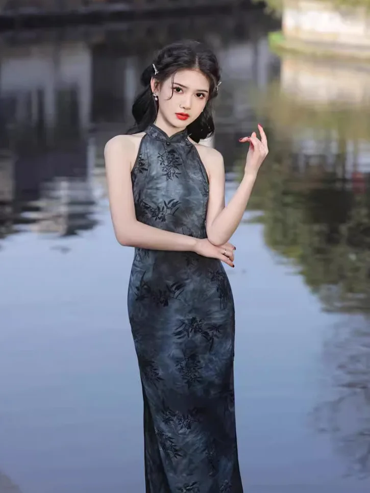 Spring and Summer New Tie Dyed Hanging Neck Mid length Qipao Single layer Sleeveless Style Slim Mandarin Collar Cheongsam