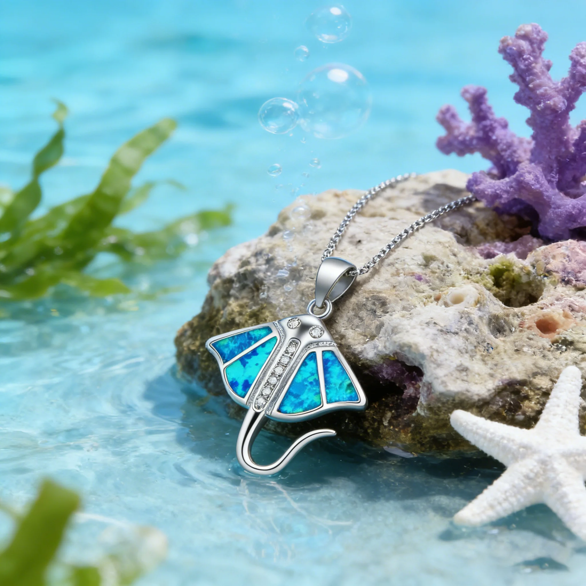 Manta Ray Pendant Necklace with Blue Simulated Opal,Silver Color Marine Life Jewelry, Unique Cute Ocean Animal Gift for Her