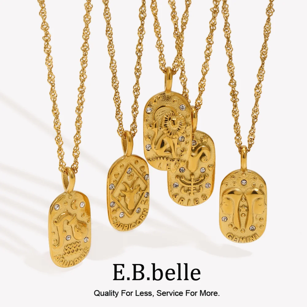 E.B.belle 2024 Fashion Casting Zircon Zodiac Sign Bright Necklace For Woman Neck Jewelry Stainless Steel Constellation Necklaces