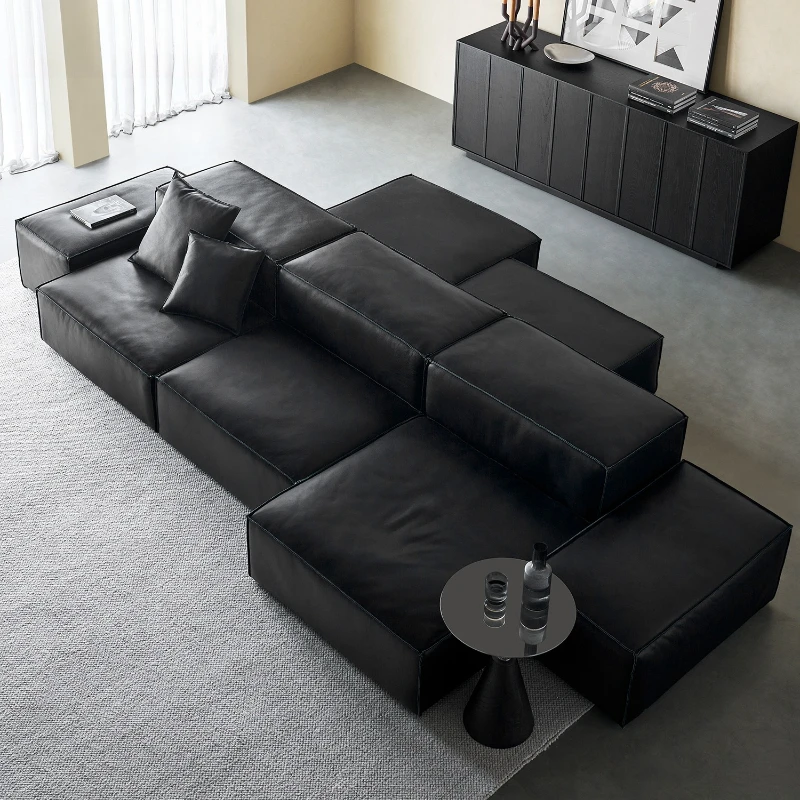 

Leather sofa black tofu block module combination double-sided horizontal hall modern simple villa