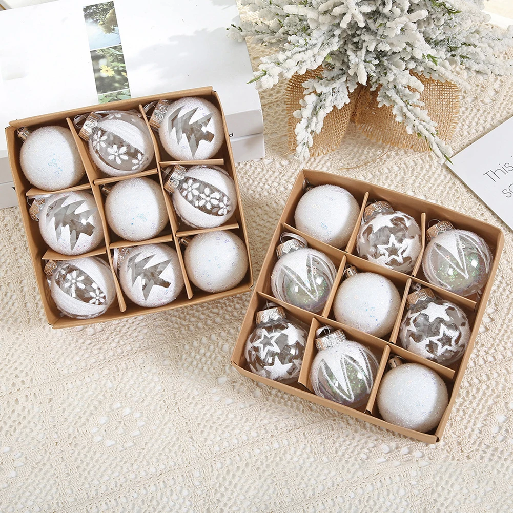 Lively Holiday Display Nine Charming Six Centimeter Clear and White Christmas Baubles to Brighten Up Any Space