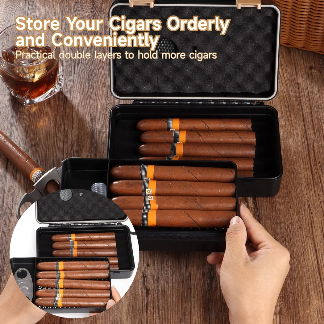 

Travel Cigar Humidor Box with Hygrometer Cigar Humidifier Box for Cigar Accessories 2 Removable Layers Holds Up To 10 Cigars
