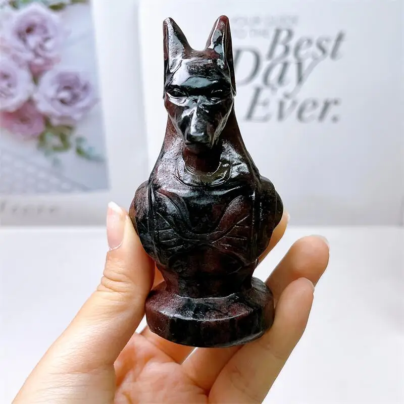 Natural Garnet Anubis Statue Carving Animal Statue Carving Ornament Crystal Collection Room Decor 1pcs