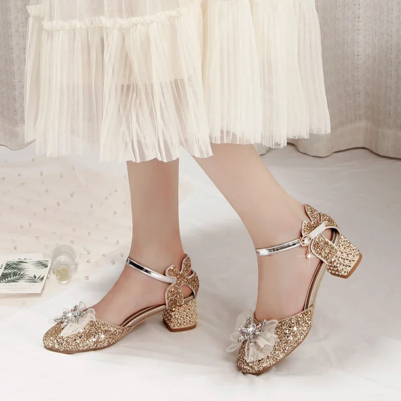 

Fashion Lace Bowtie Sequined Cloth Ladies Sandals 2024 Summer Bling Bling Block Heel Buckle Strap Party Women Shoes Gold Pink