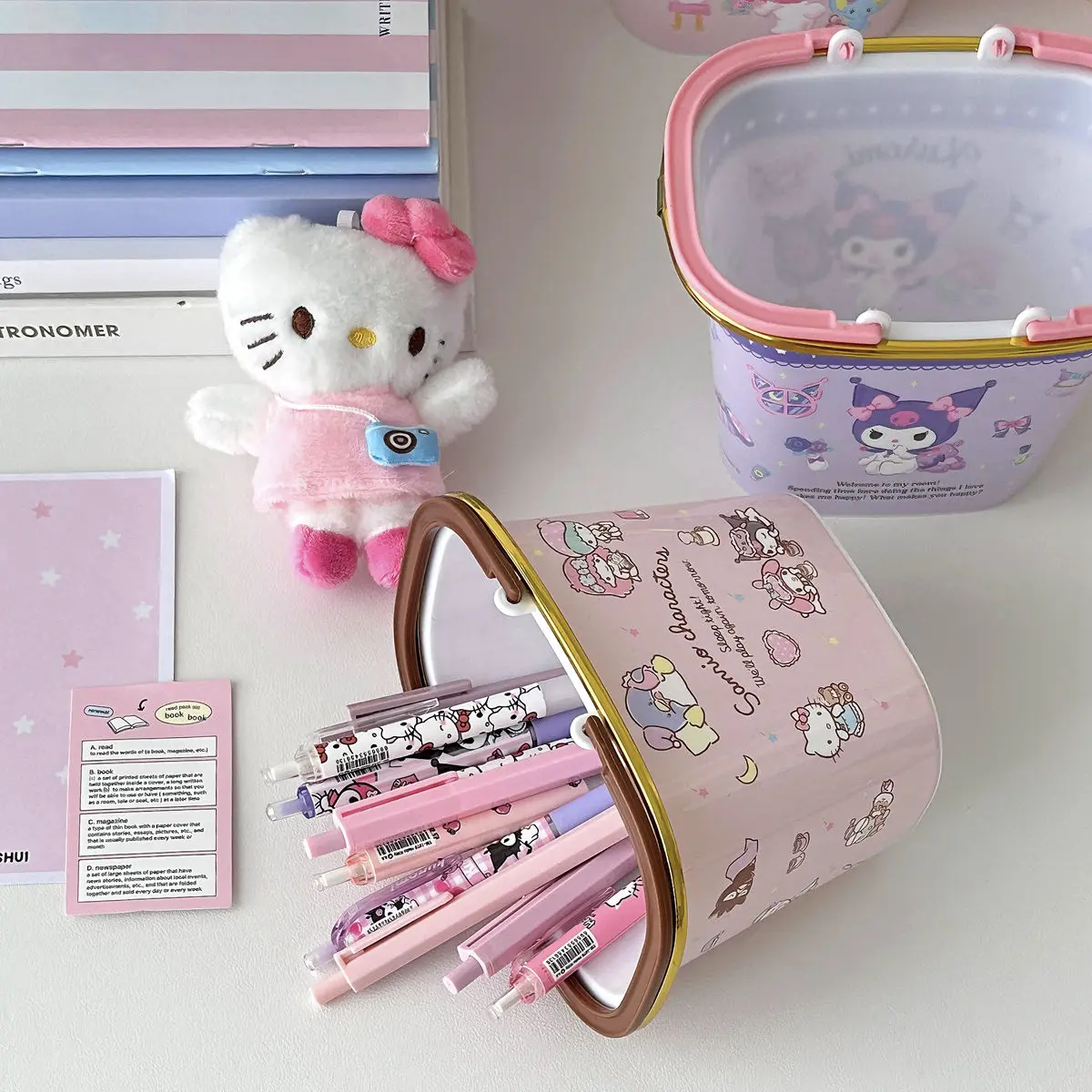 

Sanrio Kuromi Cartoon Cute Plastic Pen Holder Melody Mini Cargo Basket Student Dormitory Children Storage Box Debris Organizing
