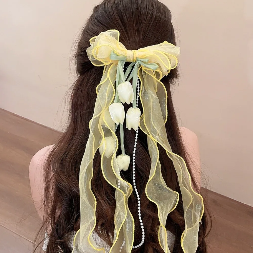 Pinzas para el pelo estilo hada con tul, borlas y colgantes, horquillas de lujo francesas con flor de Muguet, de tul transparente texturizado de gasa
