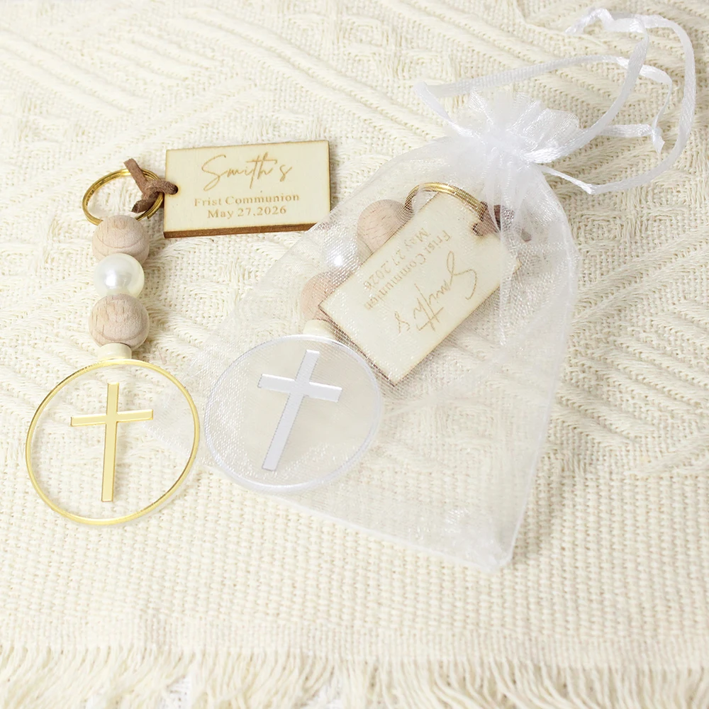 

10/15/20/50pcs Personalized Cross Kecyhain Baptism Favors for Guests Custom First Communion Favors with engraved wood Name Tags