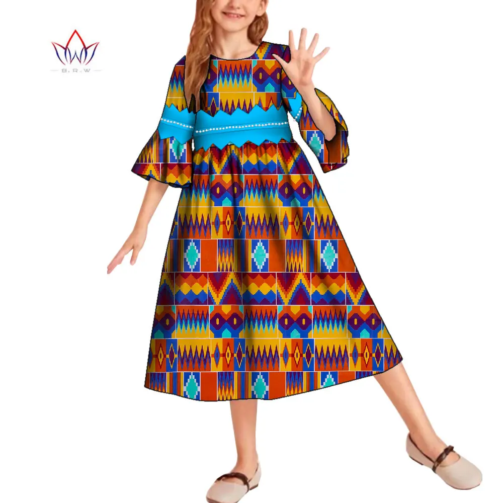 Kids African Ankara Tribal Geometric Print Dress for Girls Flared Bell Sleeve Spliced Color Loose Swing Midi Dress Holiday Dress