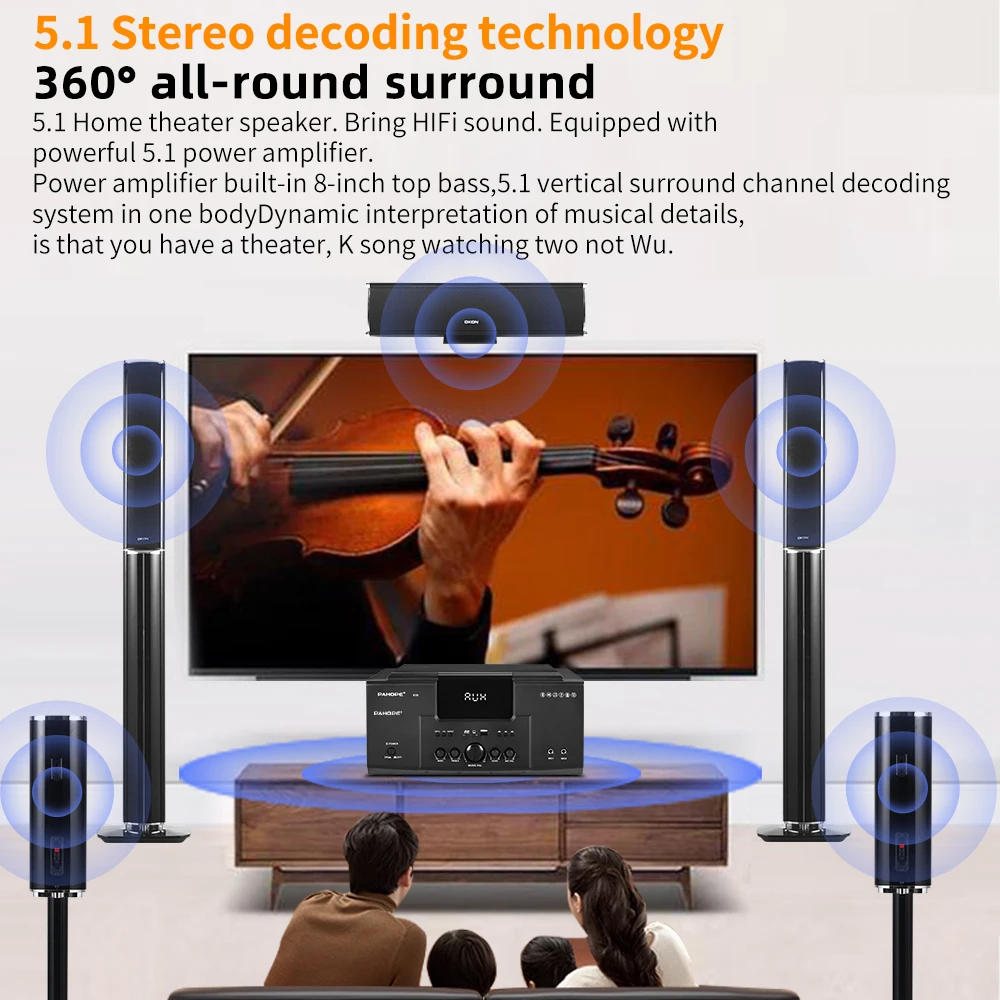 5.1 Surround Home Theater System Karaoke USB Wireless Microphone Amplifier BT Home Cinema Speaker