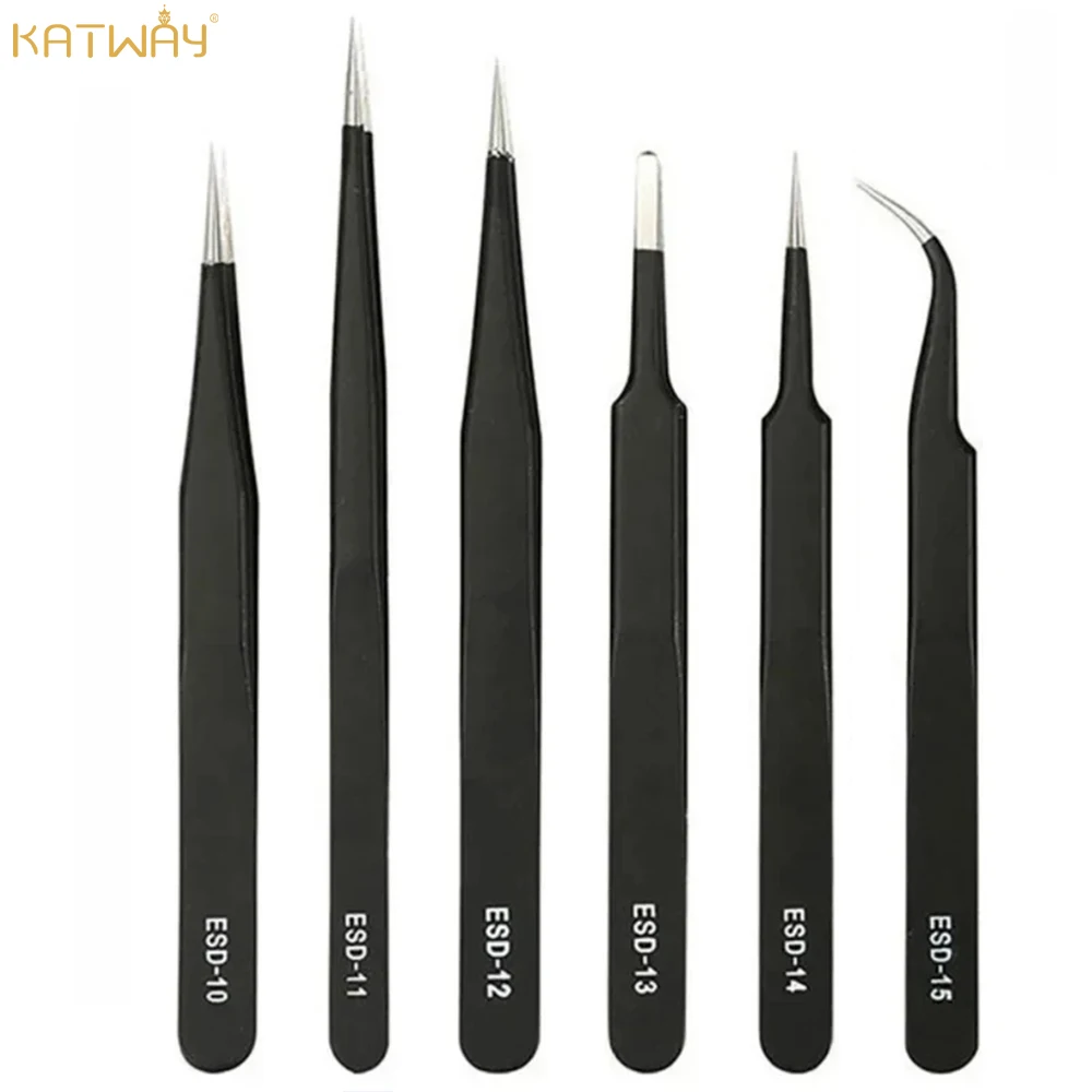 

KATWAY 6PCS Stainless Steel Precision Tweezers Set Electronics Repair Soldering Craft – ESD Anti-Static Repair Tools HH-AA114