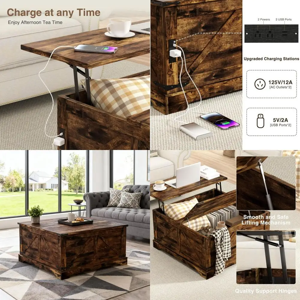 

Квадратный журнальный столик в деревенском стиле с подъемной столешницей, скрытой станцией для хранения и зарядки, 35,4 Вт, коричневый