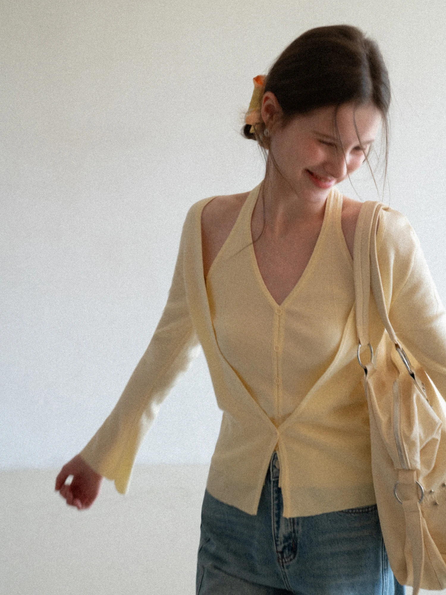 

Женский вязаный топ Eggka с длинным рукавом, V-образным вырезом, облегающий, мягкий, повседневный, из смесового полиэстера