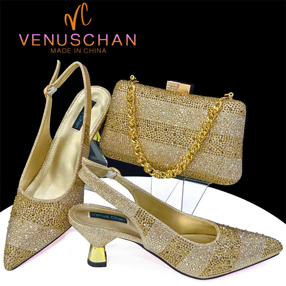 Venus Chan High Heels Shoes for Women Embroidery Rhinestone Italian Design Gold Color Pointed Toe Shoes and Bags Set Fashio