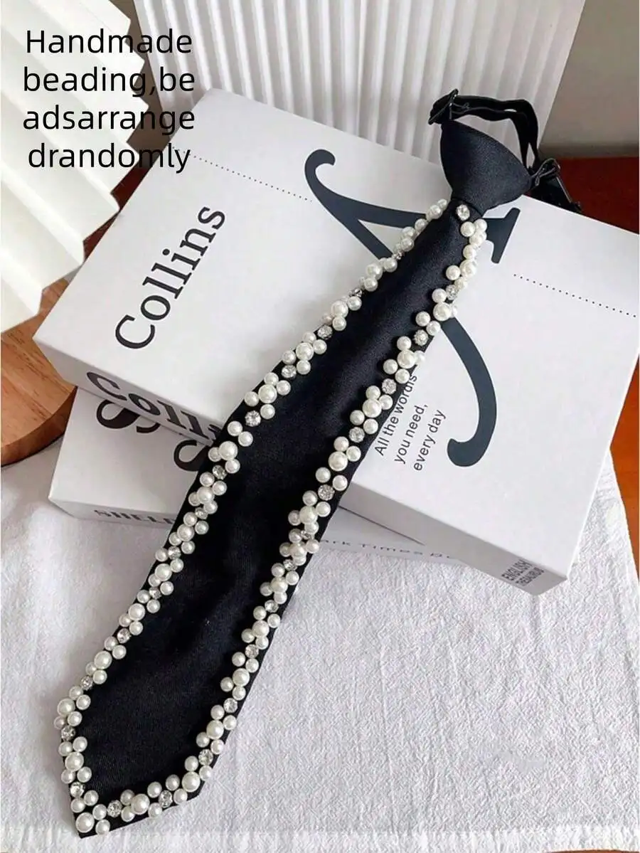

Handmade Pearl Decorated Silk Tie For Women, Adjustable Pre-Tied Necktie For Formal Business Wedding Party