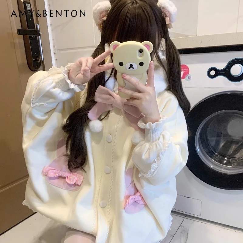 Rabbit Ear Plush Hooded Cute Bow Woolen Cape Coat Autumn Winter New Japanese Sweet Kawaii Lace Patchwork Loose Wool Coat Women
