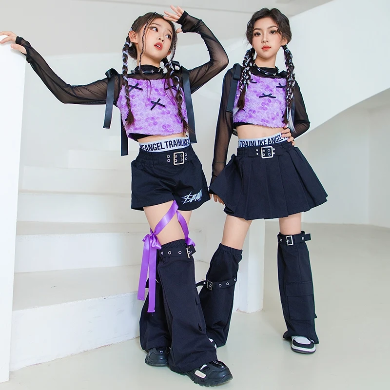 

Kpop танцевальный фиолетовый костюм для девочек, костюм для джазовых танцев, детская одежда в стиле хип-хоп, уличная одежда, верхняя юбка, шорты, одежда для уличных танцев DN20388