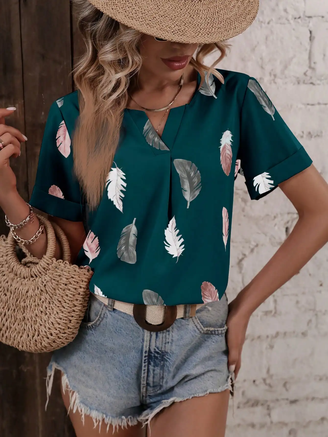 

Women's Feather Print Blouse, Casual Notch V-Neck Rolled Short Sleeve Shirt, Loose Summer Top For Ladies