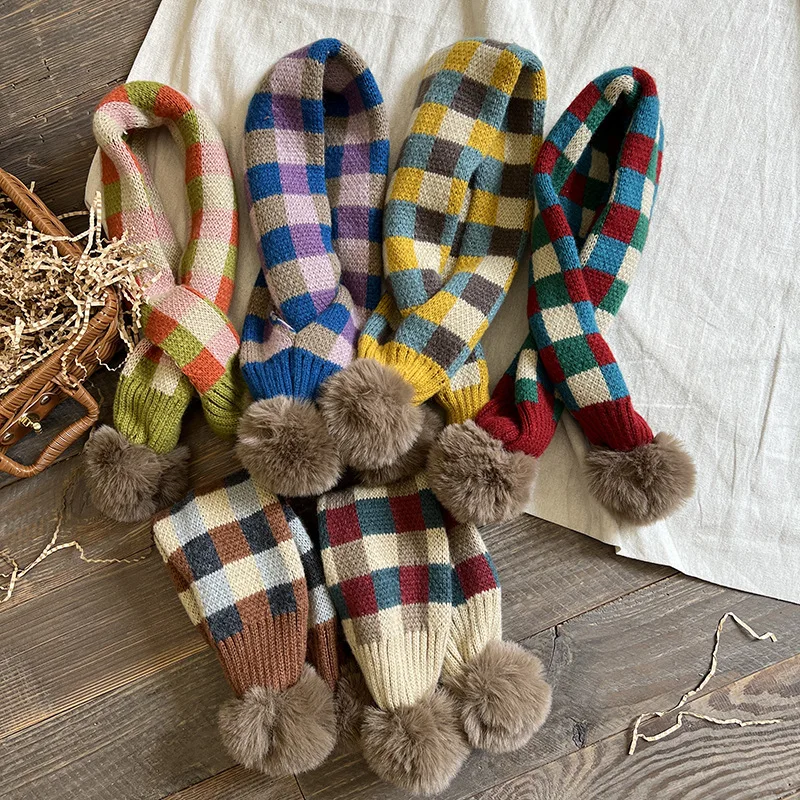 Autumn Winter Warm Children\'s Scarves Plaid Plush Balls Soft Comfortable Baby Kids Neck Collar Ring Scarf Muffler for Boys Girls