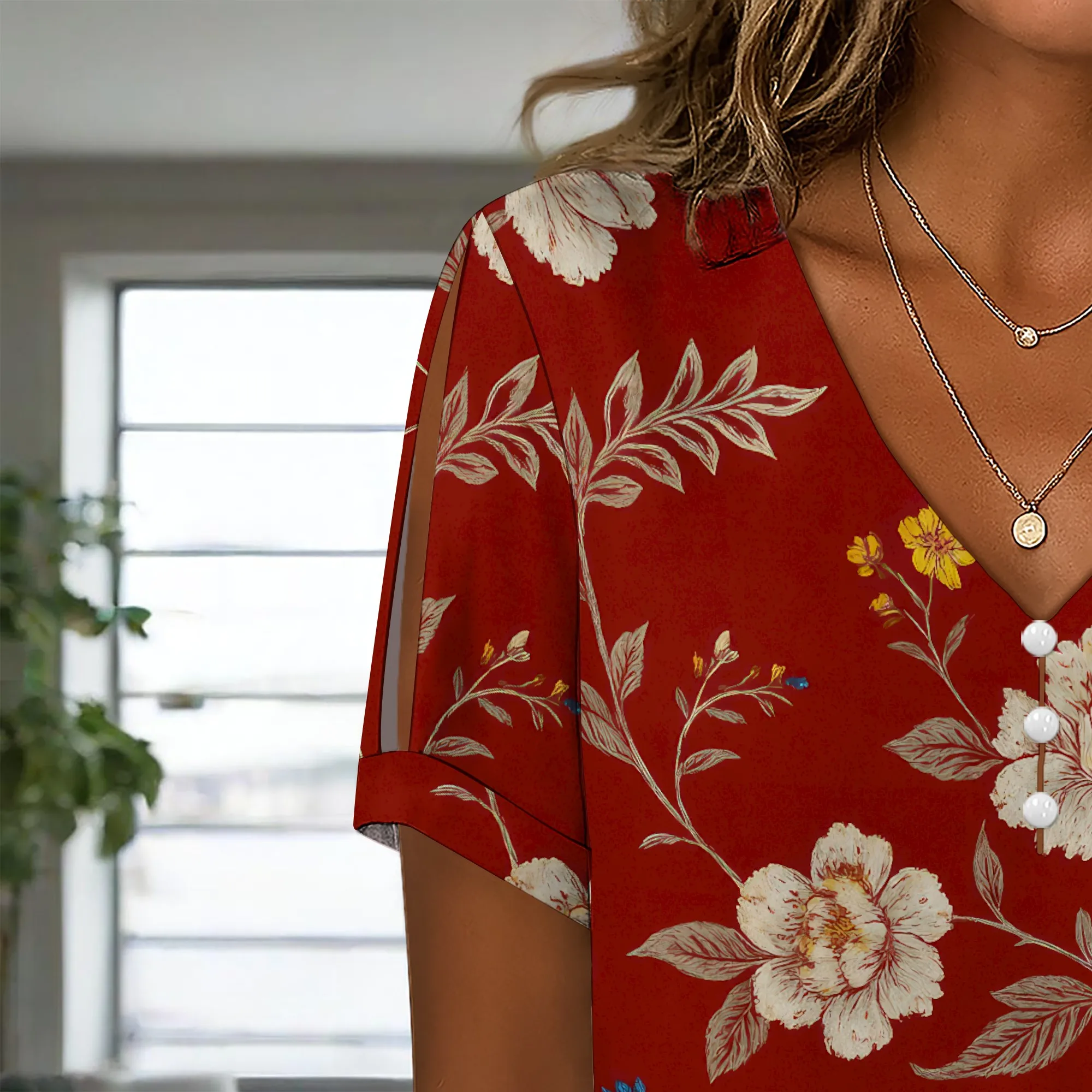 Women's Summer Casual Floral Printed Short Sleeve Tshirt Tops Spring Loose Fit V Neck Graphic Plus Size Tunic Shirts